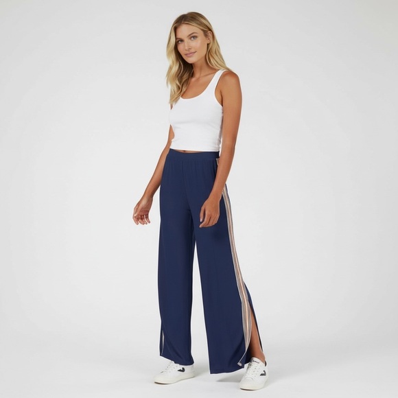 Ultra Flirt Pants - Retro Stripe Wide Leg Pants Blue Side Slit Lounge Pants S